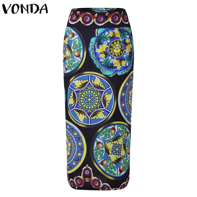 Black Spends Женская юбка VONDA, летняя, элегантная, офисная, повседневная, с цветочным принтом, миди, юбки с высокой талией, сексуальная, бодикон, большие S-5XL - Цвет: Black Spends