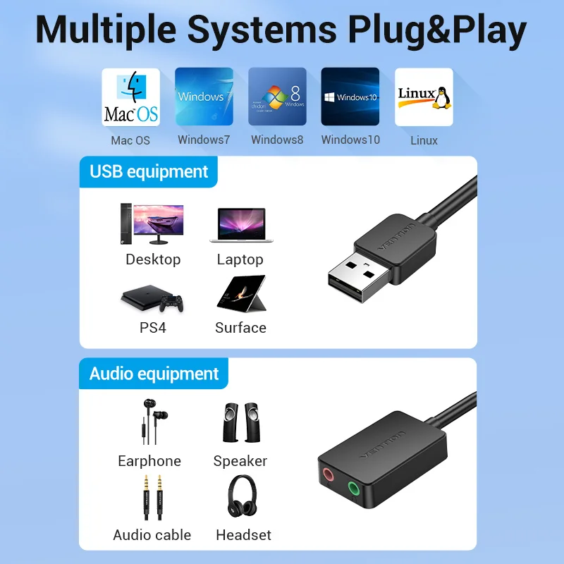 Vention звуковая карта USB на 3 5 мм аудио интерфейс адаптер внешняя для ПК ноутбука PS4