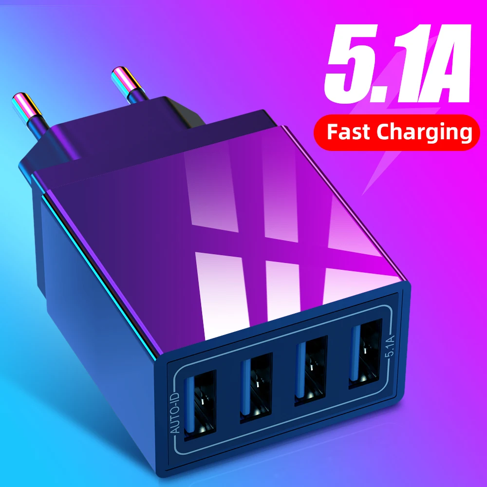 

Universal 4 USB Travel Mobile Phone Charger Adapter for iPhone Samsung 5V 5.1A Smart SmartPhone USB Fast chargers Charging Head