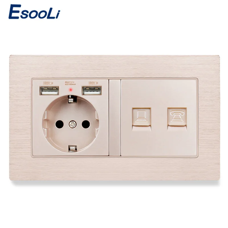 Алюминиевая металлическая панель Esooli стандарт ес usb-разъем enchufe с 2 USB-разъемами и