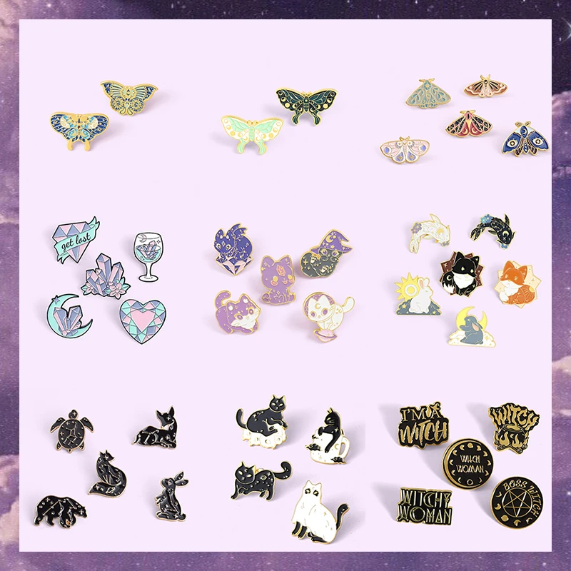 

Witch Enamel Pin Set Purple Crystal Crescent Moon Triple Goddess Brooches Black Dark Badges Gothic Wiccan Witchcraft Jewelry