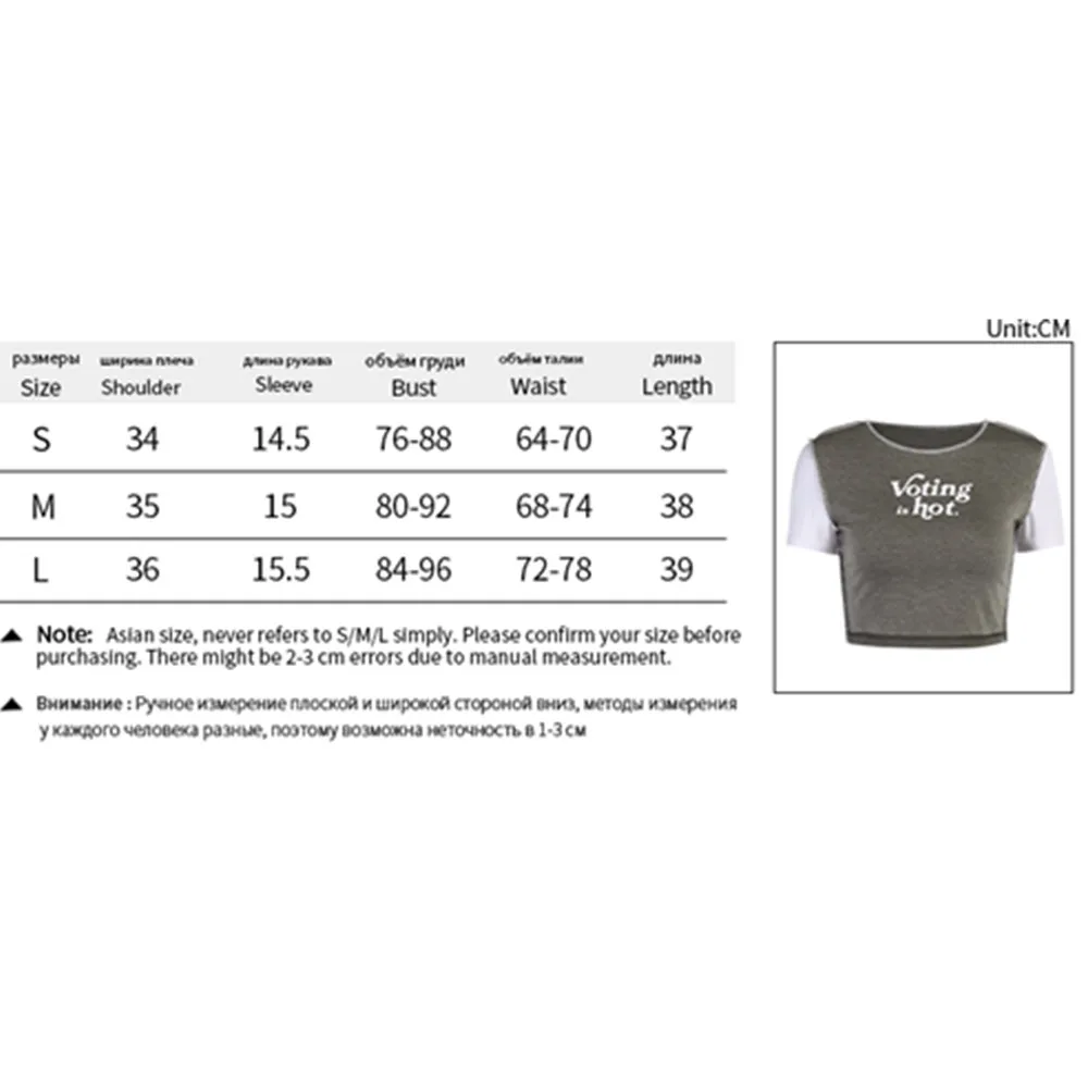

2021 New Summer Women Short Sleeve Letter Print T-shirt Fashion O-Neck Color Block Crop Top Ladies Clothing