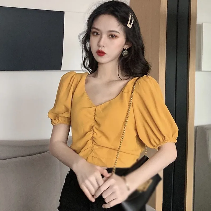 

Women Crop Tops Fashion Wild Solid Color Puff Sleeve Blouses Trendy Sexy V-Neck Short Sleeves Chiffon Shirt M
