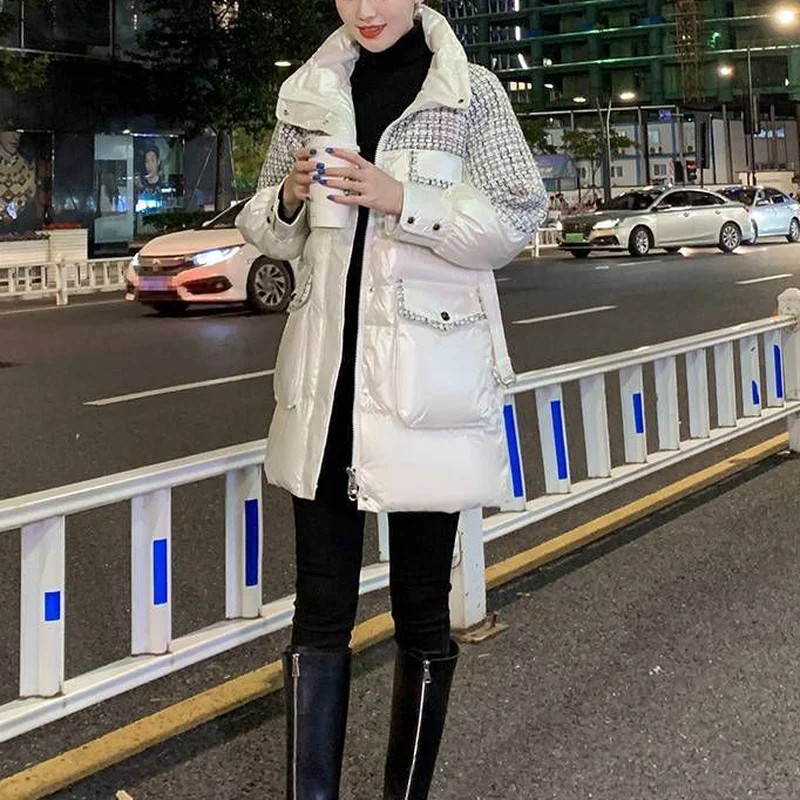 Women's Winter Patchwork Coats with Large Pockets and Belts Mid-length Down Padded Jackets Female Plaid Stitching Thick Jacket
