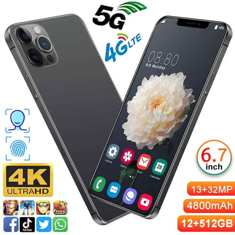 Tel&eacute;fono Inteligente I12 Pro max, versi&oacute;n Global, Dual SIM, Deca Core, 4800Mah, reconocimiento de huella dactilar, identificaci&oacute;n facial, 512GB + 12GB, 13 + 32MP-2