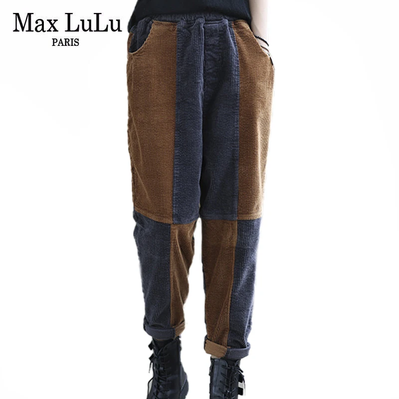 

Женские шаровары Max LuLu в стиле пэчворк, осень 2021, женские свободные вельветовые брюки в Корейском стиле, повседневные эластичные брюки в сти...