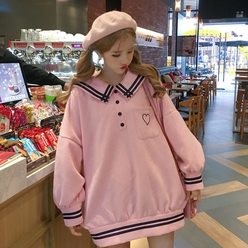 

Pink Oversized Pullover Embroidery Fleece Autumn Warm Sweatshir Japanese Harajuku Women School Uniform Sailor Collar White Blue