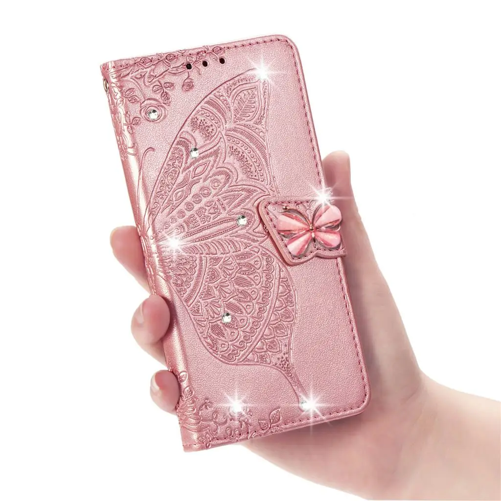 Rose Gold Кожаный чехол с бабочкой для huawei Honor 9X8 s 7s 8a 10i 20i 20 10 9 Lite Pro Стразы чехол-книжка для Honor 9X8 s 7s - Цвет: Rose Gold