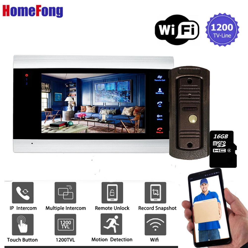 Видеодомофон Homefong умный беспроводной видеодомофон с экраном 7 дюймов Wi-Fi 1200TVL