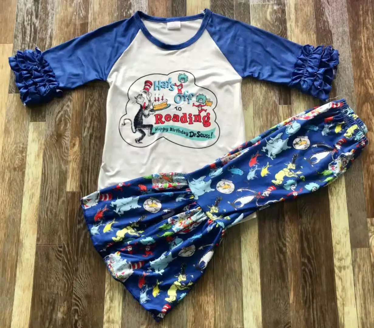 

High quality new boutique children's wear blue cartoon long sleeve with cartoon printed bell pants baby girl set20