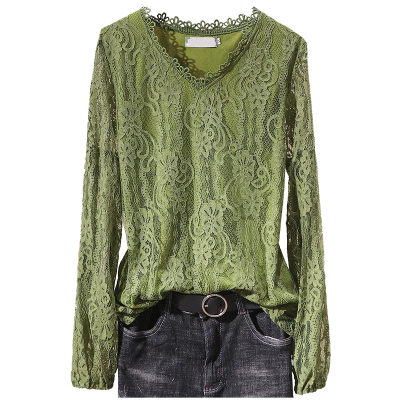 

Spring New 2021 Lace Women Blouse V-Neck Fashion Hollow Out Lantern Sleeed Office Lady Elegant Pulls Outwear Tops