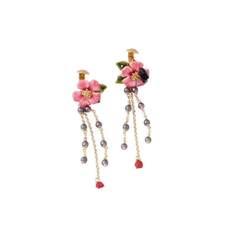 

New product rose series pink flower blooming butterfly tassel long stud earrings without pierced ear clip niche earrings