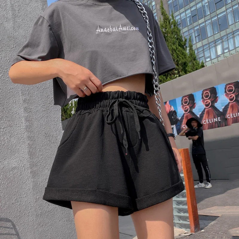 Шорты женские с завышенной талией серые Короткие штаны широкими штанинами и