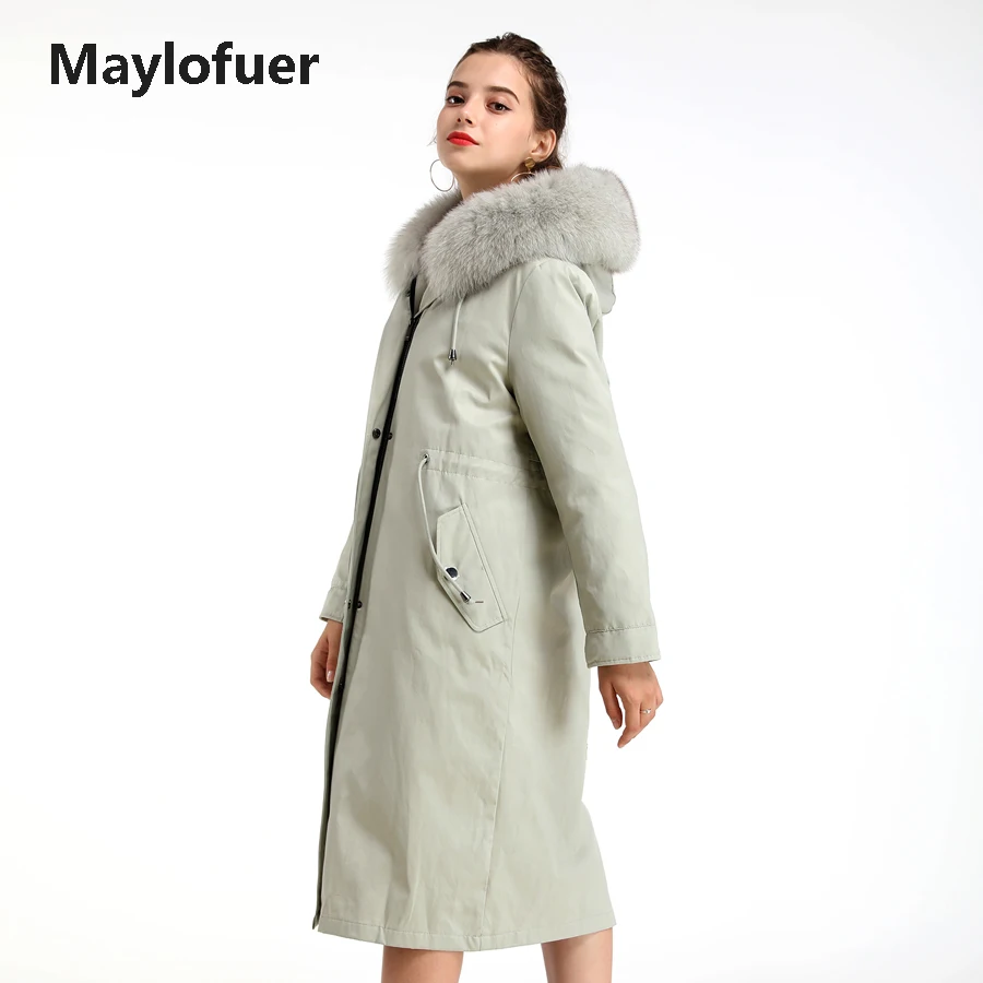 Maylofuer Настоящий мех кролика теплая парка классический стиль для женщин натуральный мех пальто с капюшоном зимние меховые парки с полиэстеровой подкладкой