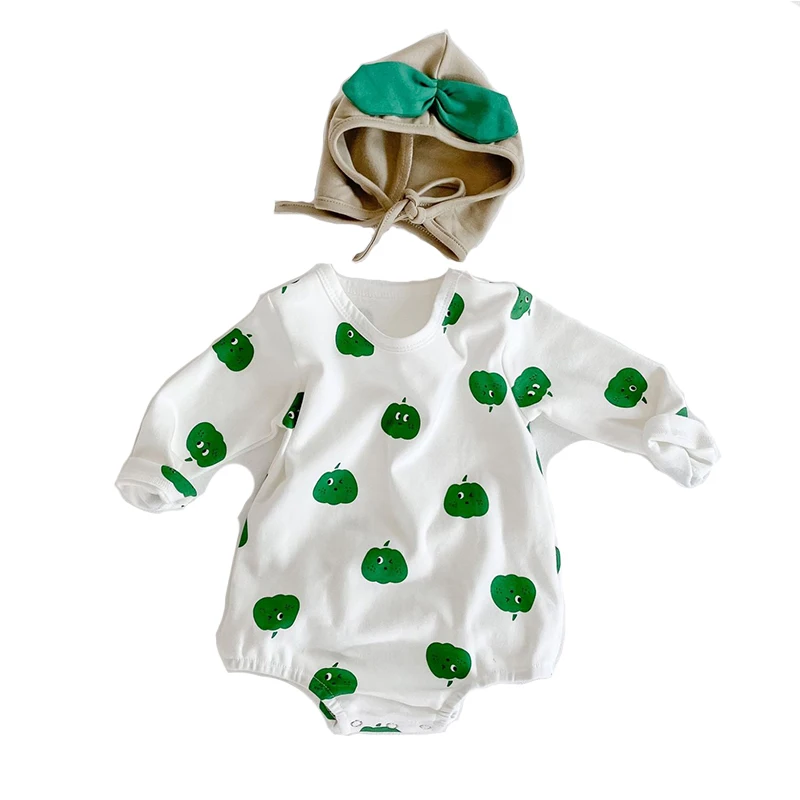 

Infant Cute Fruit Print Baby Bodysuit 2020 Autumn New Girls Baby Bodysuits Newborn Boys Long Sleeve Clothes +Hat Twins Clothing