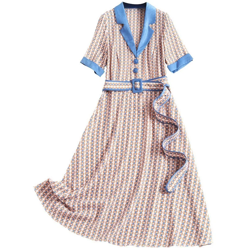 

2020 New Women Chiffon Dresses Summer Printing Short Sleeve Dress Female Office Lady Belted Dresses Vestidos