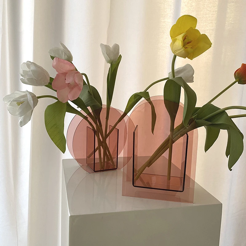 

Geometric Vase Acrylic Pink Flowers Floral Home Art Decoration Design Soft Decoration Model Room can CSV
