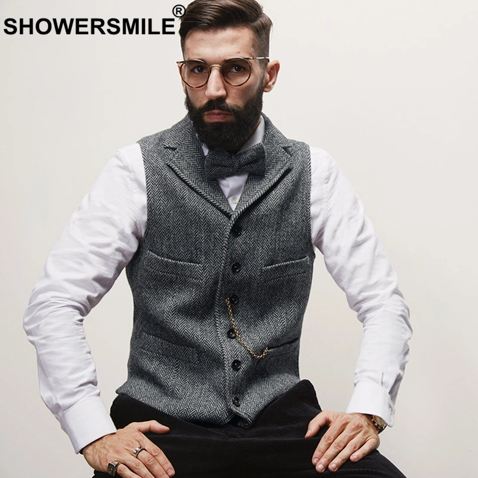 SHOWERSMILE твидовый жилет мужской жилет в елочку коричневый винтажный жакет без рукавов мужские карманы Ретро Тонкий Повседневный Осенний жилет