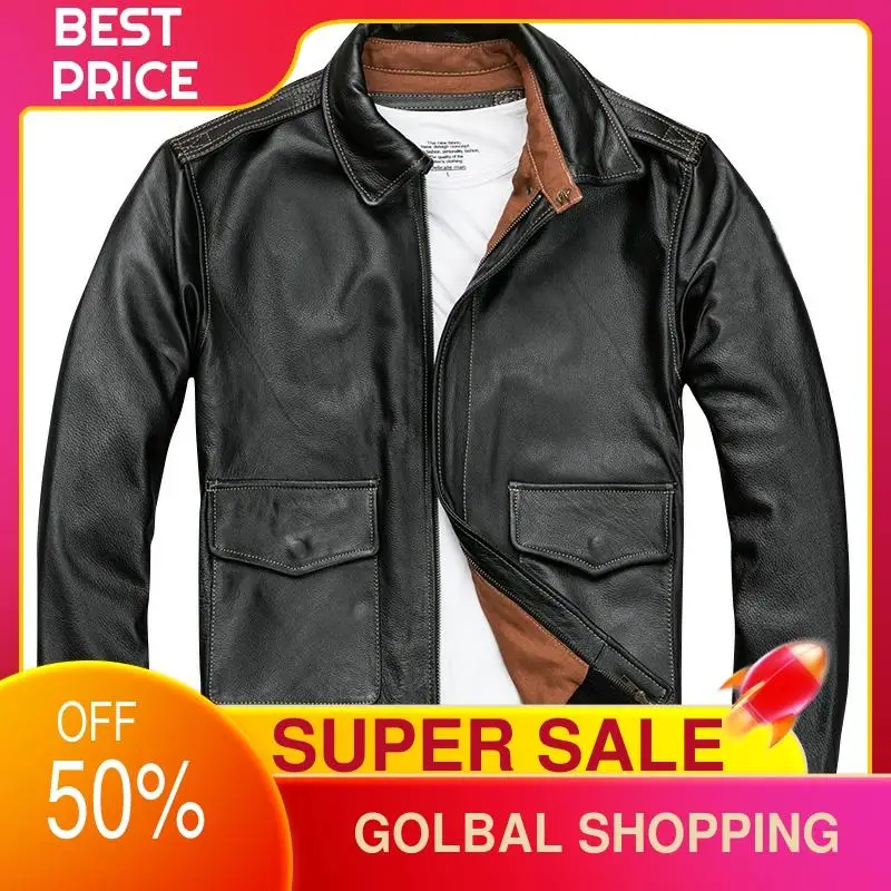 

2021 Black Military Style A2 Pilot Leather Jacket Large Size 4XL Real Natural Cowhide Autumn Slim Fit USAF Aviation Coat
