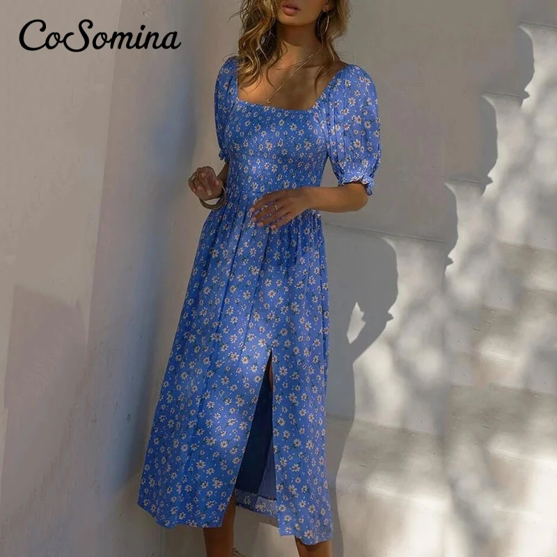 

CoSomina Elegant Bohemian Floral Print Summer Dress Women Elastic Bust A-line High Split Female Dress Ruffled Ladies Dress 2021