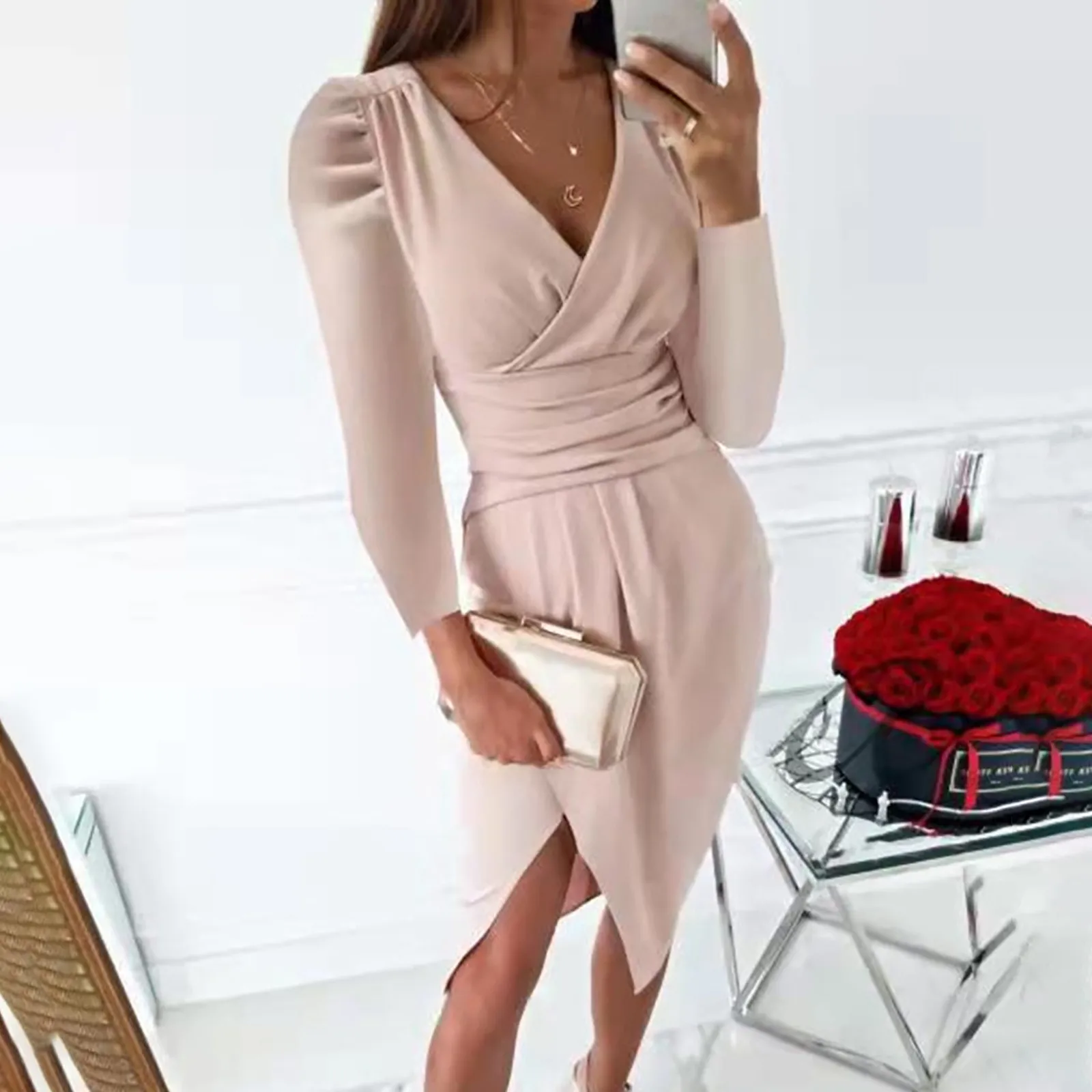 

Pack Hip Pleated Dress Women's Sexy V-neck Solid Color Slim Long-sleeved Slits Folded Hip Evening Dress Autumn And Winter Dress