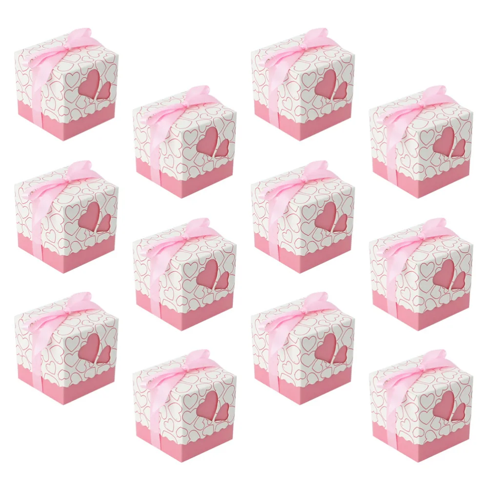 

50pcs Hearts Design Candy Boxes Square Chocolate Boxes Gift Container with Ribbon for Wedding (Red)