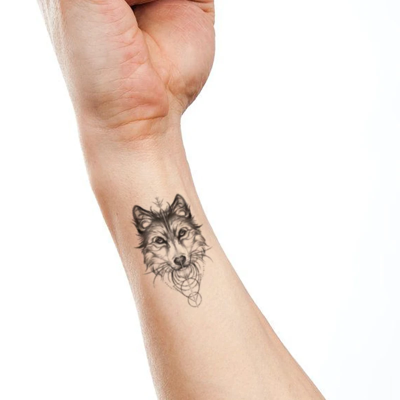 

Realistic Wolf Head Geometric Line Temporary Tattoos Sticker Black Beard Small Size Tattoo Body Art Wrist Fake Tatoos Women Men
