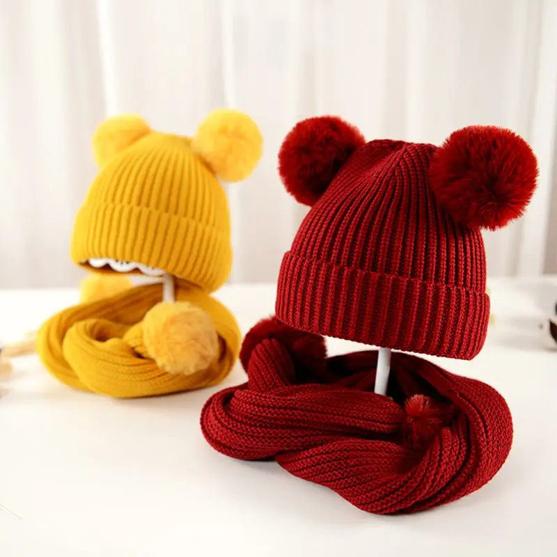 

Lovely New Solid Color Knitted Children Scarf Hat Set with 2 Balls Kids Autumn Winter Shawl