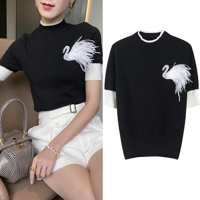 Swan feather beaded knit sweater women autumn 2021 new round neck fashion slim waist contrast color short-sleeved blouse