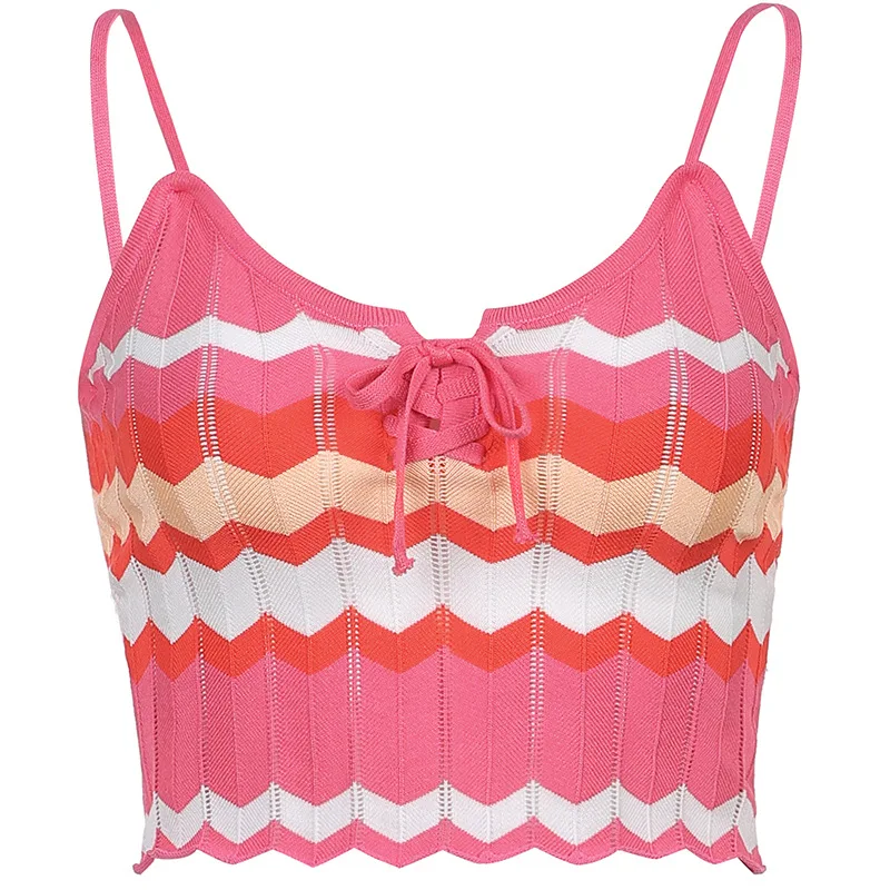 

Fashion Irregular Stripes Contrast Corns Lace-up Wool Camisole Women 2021 New