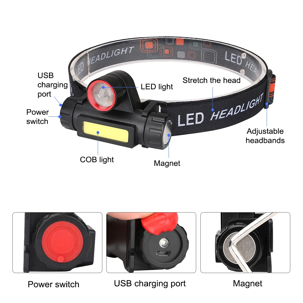 COB LED Headlight Headlamp Zoomable Focus Head Light Magnetic Work Flashlight USB Rechargeable 18650 Torch Night Fishing Light