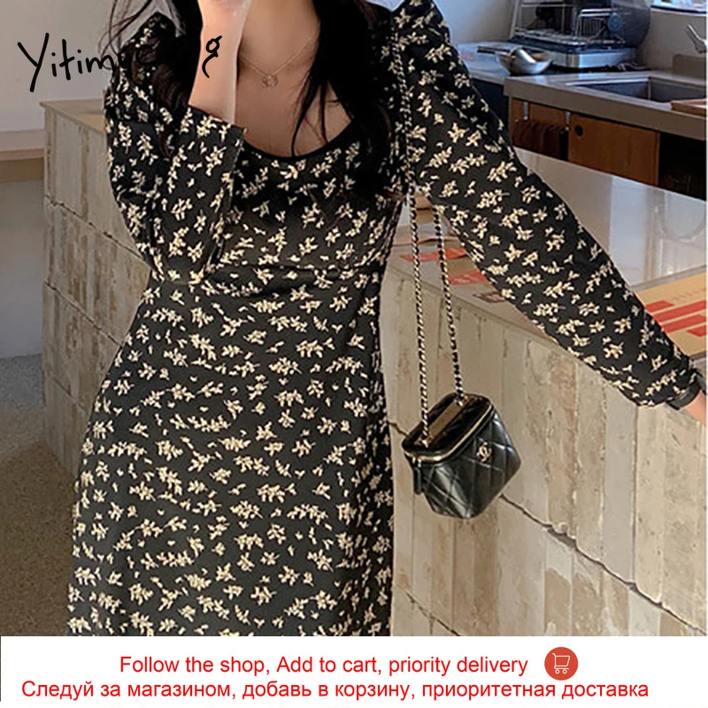 

Yitimuceng Vintage Floral Print Dresses Women Fashion High Waist Split Fork Boho Long Dress Puff Sleeve Black 2021 Spring New