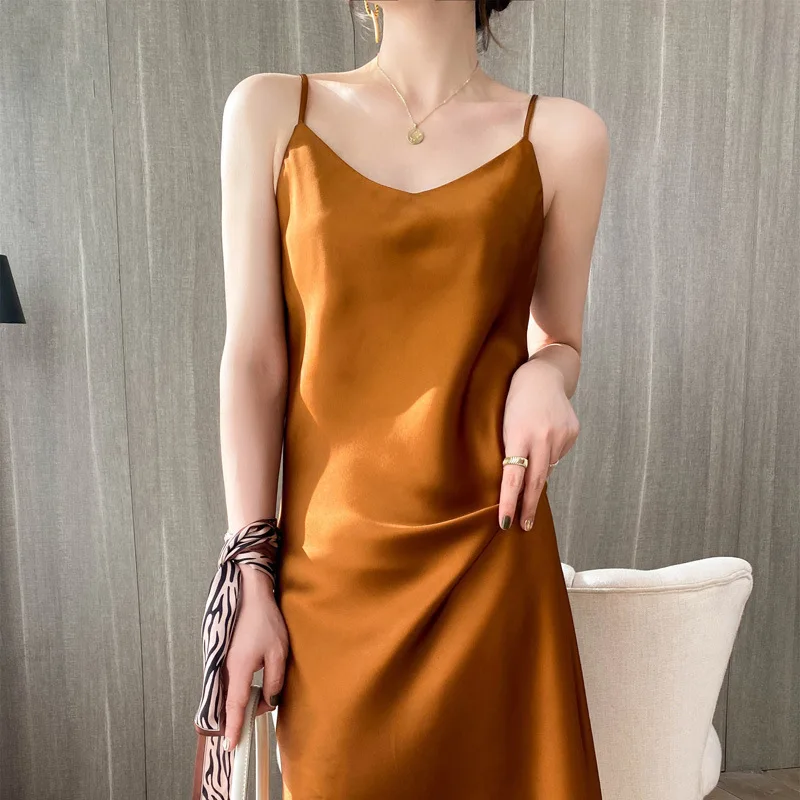 

2021 new dress long style foreign style slim temperament V-neck suspender skirt silky spring and summer silk skirt light luxury