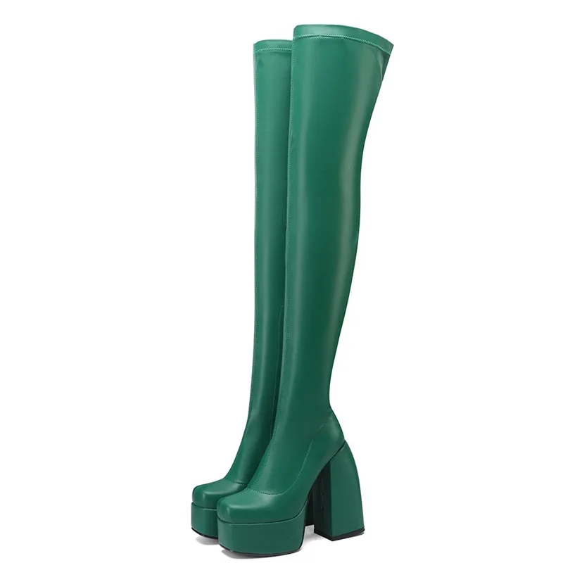 

designer elastic microfiber leather shoes woman over the knee boots autumn winter boots high heels black thick platform boots