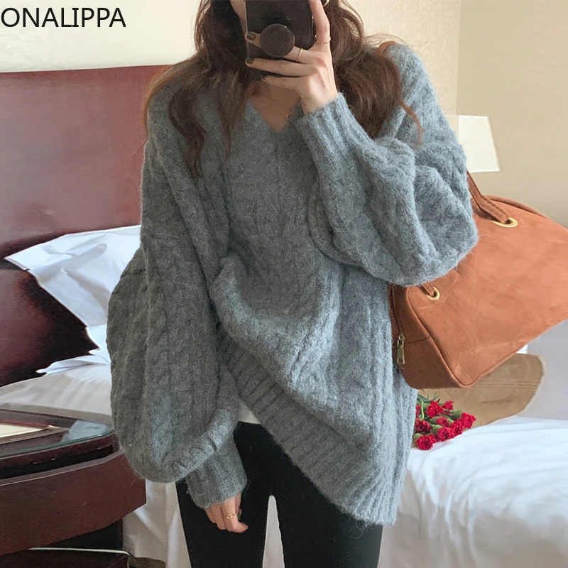 

Onalippa 2021 Women Pullover Fall Retro Temperament Lazy Style V-Neck Linen Pattern Loose Puff Sleeve Thickened Knitted Sweater