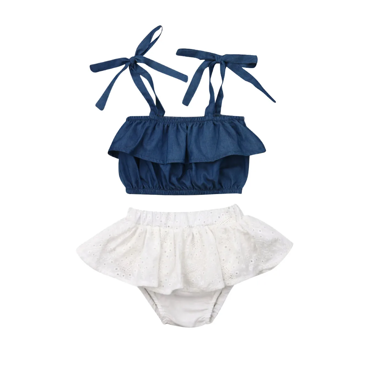 

Summer Casual Newborn Kids Baby Girl Clothes Outfits 2Pcs Sleeveless Sling Belt Denim Crop Tops+Lace Shorts Baby Girl Sets 0-3Y
