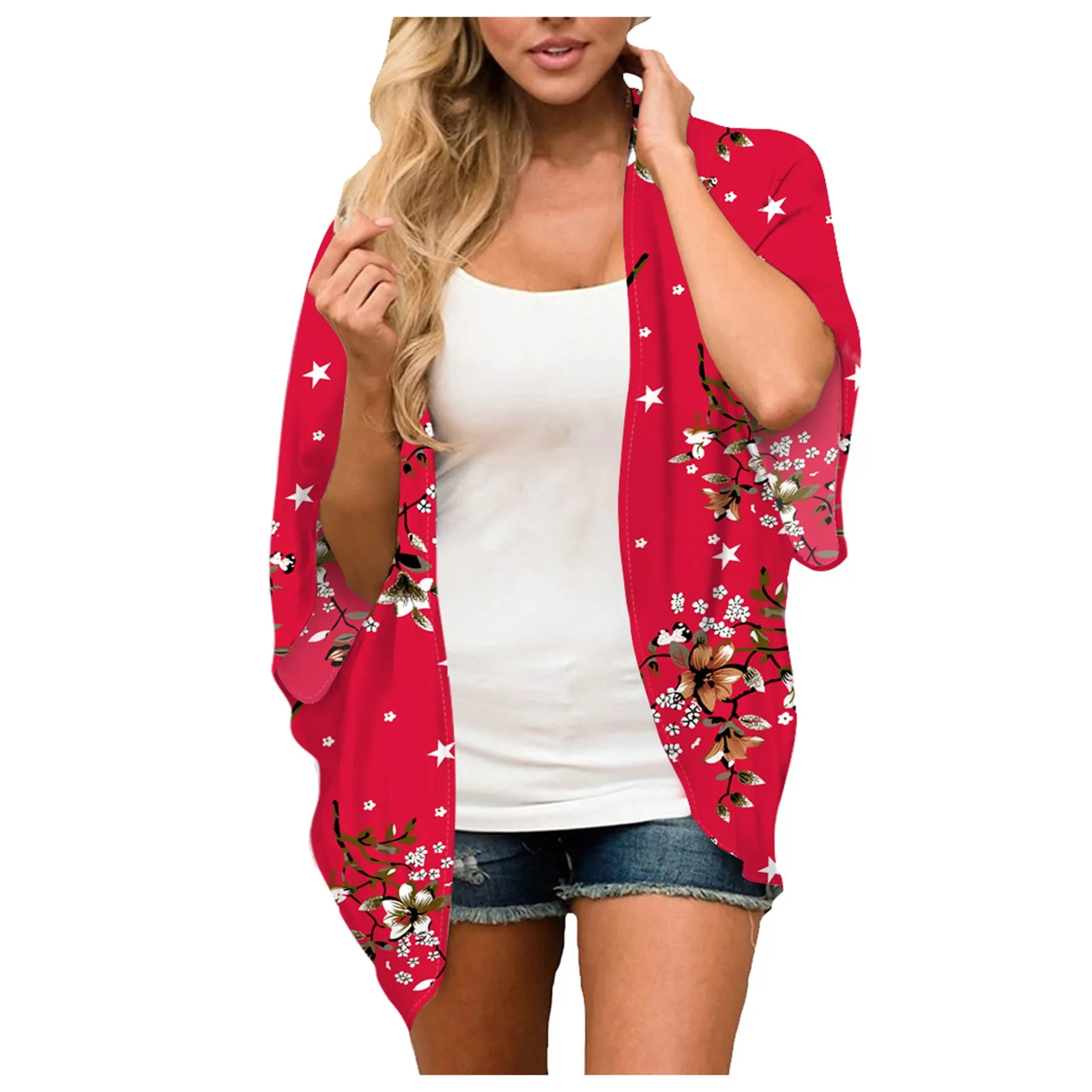 

Женская блузка с цветочным принтом, пальто, кардиган с пышными рукавами, свободная накидка-кимоно, пляжные топы, блузы, женская одежда для ле...