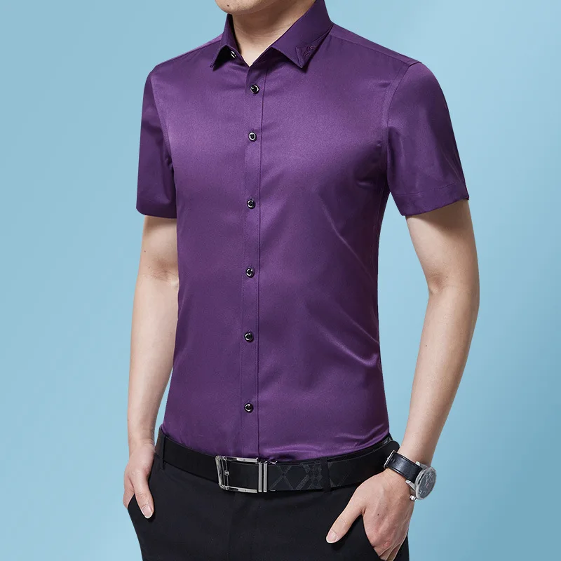

Фиолетовая Мужская рубашка, летняя, повседневная, тонкая, формальная, мужская, рабочая, деловая, брендовая, Camisas, однотонная, с коротким рукав...
