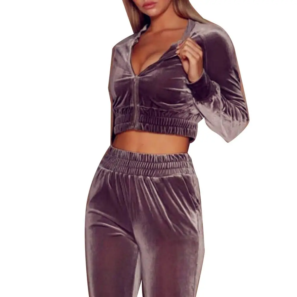 

2Pcs Velvet Solid Color Sport Tracksuit Crop Top Zip Sweatshirt Long Pants Set Workout Clothes Set Athletic Clothing