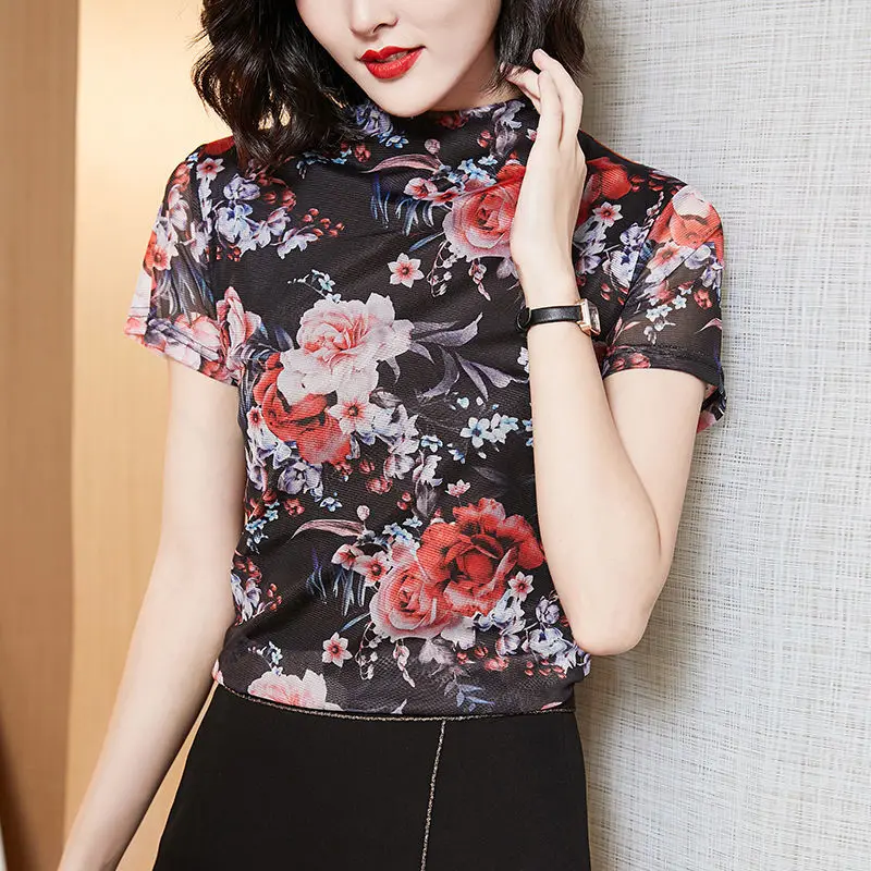 

Cotton T Shirt Women Summer 2021 Lace Print Floral Casual Tees Short Sleeve Korean Female T-Shirt Harajuku Mesh Streetwear PD178