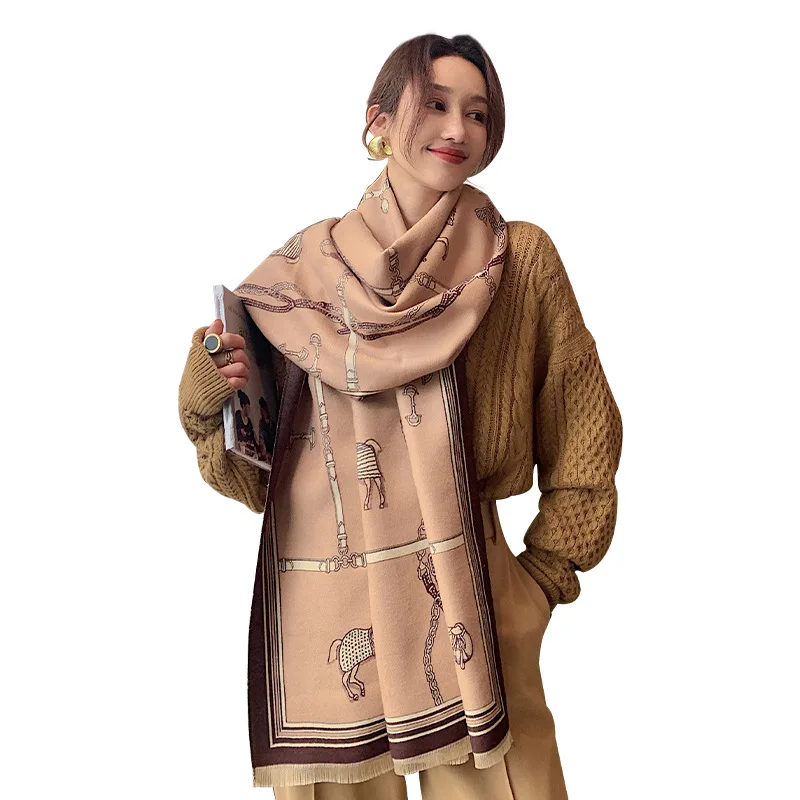 

Luxury Horse Print Scarf Women Cashmere Winter Warm Scarves Brand Pashmina Shawls Lady Wraps Bufanda Thick Bandana
