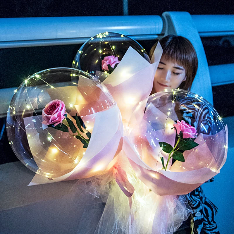 

Diy Led Light with Rose Flower Balloons Birthday Decoration Transparent Balls Valentine's Day Led Luminous Balloon Rose Bouquet