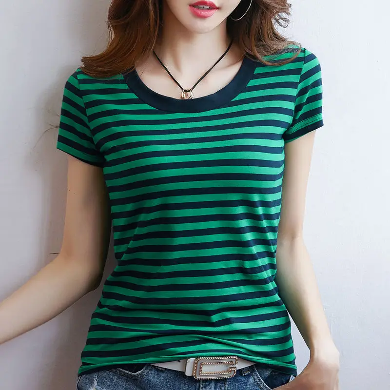 

2020 summer new loose cotton V-neck stripe short sleeve T-shirt women's versatile T-shirt women's top
