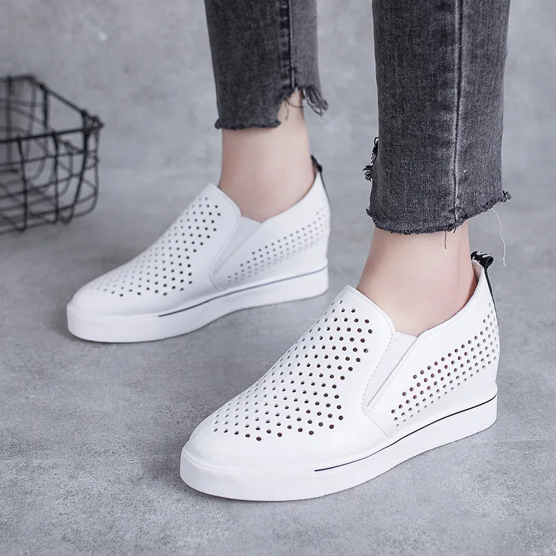 

SWYIVY PU White Shoes Woman Sneakers High Heel Female Shoes New 2020 Summer Slip On Wedge Sneakers For Women Fashion Ladies Shoe