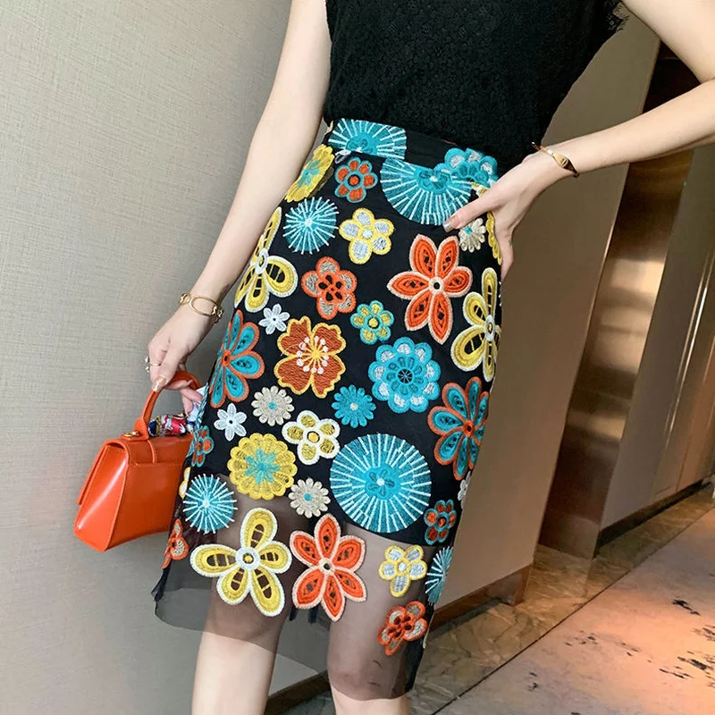 

A-line Bodycon Skirt 2021 Summer Sexy Womens Mesh Embroidered Flowers High Waist Fashion Skirts Ladies Saia Feminina Y577