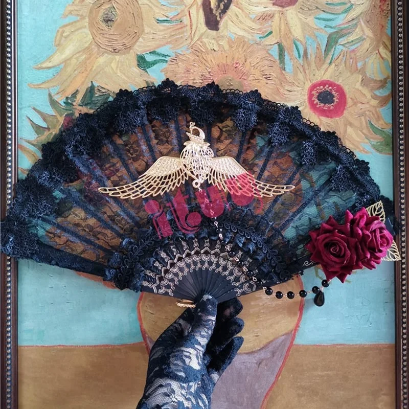 Лолита богиня KC солнцезащитный веер готическое Крыло ангела Роза из перьев
