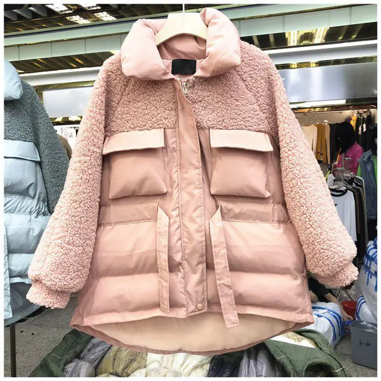 Зимняя куртка женская имитация овечьей шерсти парка с карманами и поясом пальто