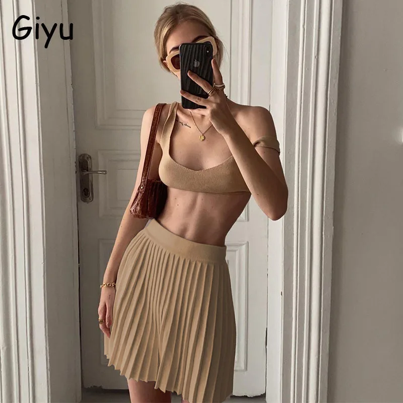 

Повседневный вязаный комплект из двух предметов Giyu, Женский соблазнительный облегающий комплект с укороченным топом и платьем, осень-лето ...