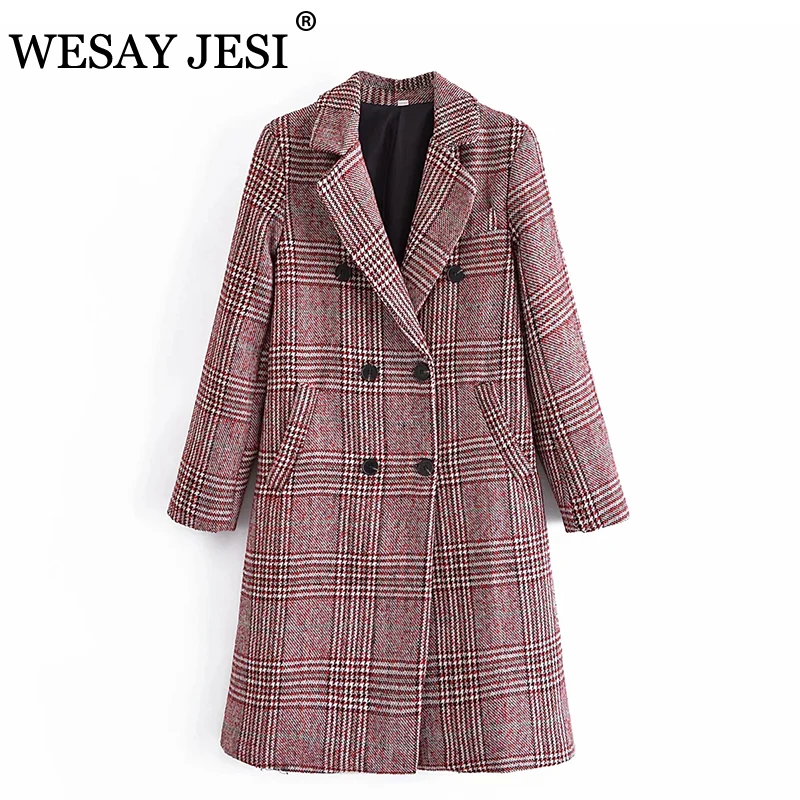 

WESAY JESI Women's Long Trench Coat Fashion Checked Textured Woman Clothes Autumn Outerwear Loose Vintage Commute Plaid Jackets