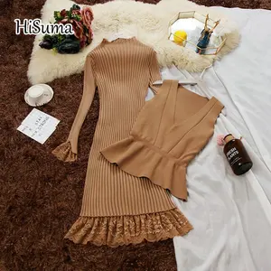 HISUMA 2021 сезон весна; Новинка; Женское платье с длинным рукавом Кружевное трикотажное платье-футляр + v-образным вырезом кардиган с воланами; Детский костюм с жилеткой; Женские комплекты из 2 предметов одежды